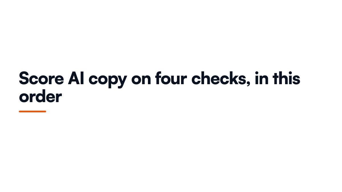 Card listing the four scoring checks a shop owner should apply to AI written copy before publishing it