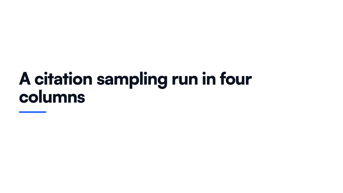 Card listing the four columns to record in a manual citation sampling run across generative answer engines each month