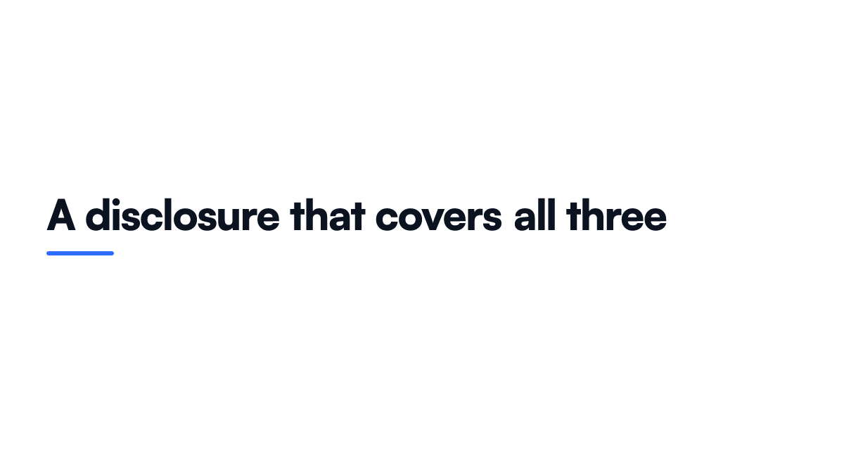 Card listing four elements of an AI disclosure that satisfies European and American rules at once, including a persistent visible label