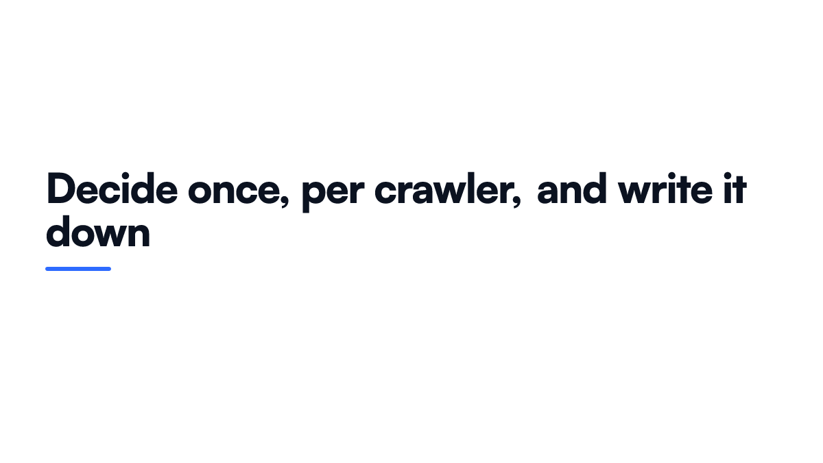 Card summarising a per crawler policy for a small shop, with answer crawlers allowed, training crawlers a judgement call and scrapers needing real blocking