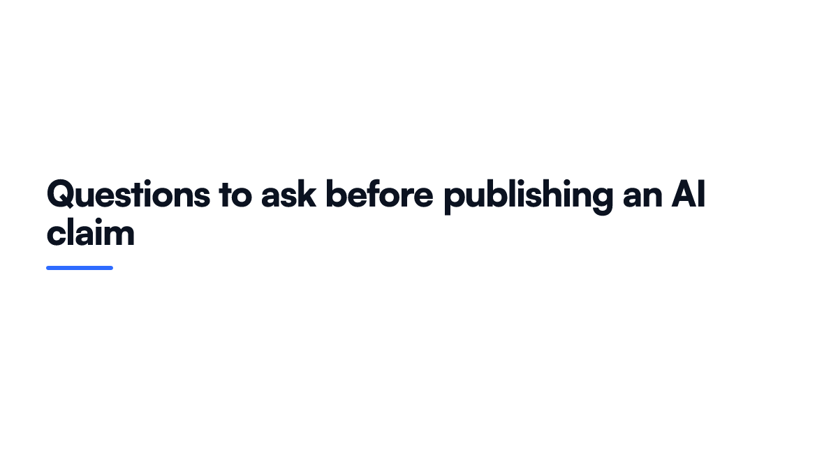 Card listing three questions a small business should ask itself before publishing any advertising claim about AI