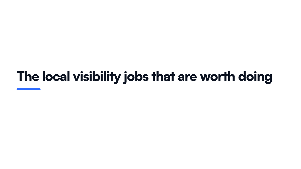 Card listing the four local visibility tasks worth a small business owner's time, covering a canonical fact sheet, claiming map profiles, adding site markup, and a quarterly consistency check