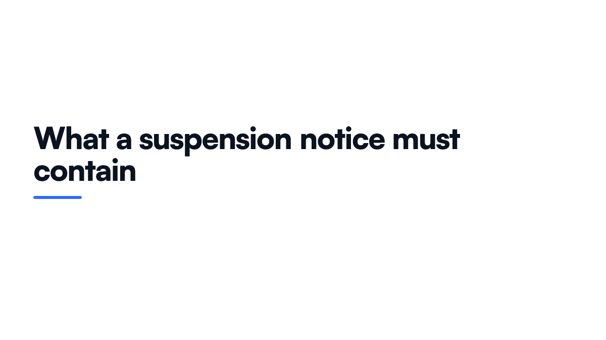 Card listing the four elements a compliant seller suspension notice must contain under European platform rules