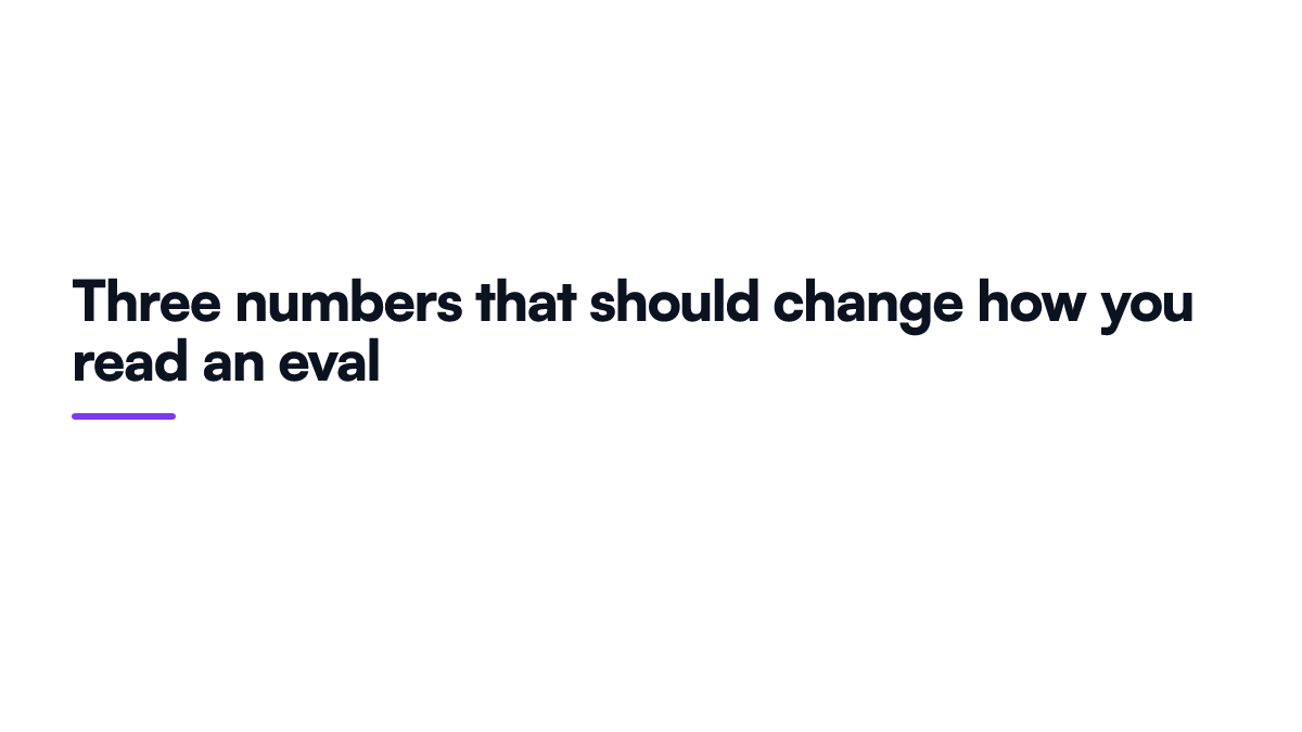 Card listing three research numbers that should change how an evaluation result is read, covering run to run swing, judge over validation and variance at temperature zero