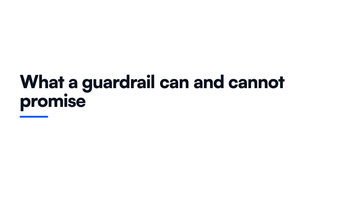 An illustration card showing what an LLM guardrail can and cannot promise: it lowers the rate of bad output, it is not a guarantee, it can fail open under load, and hard rules belong outside the model