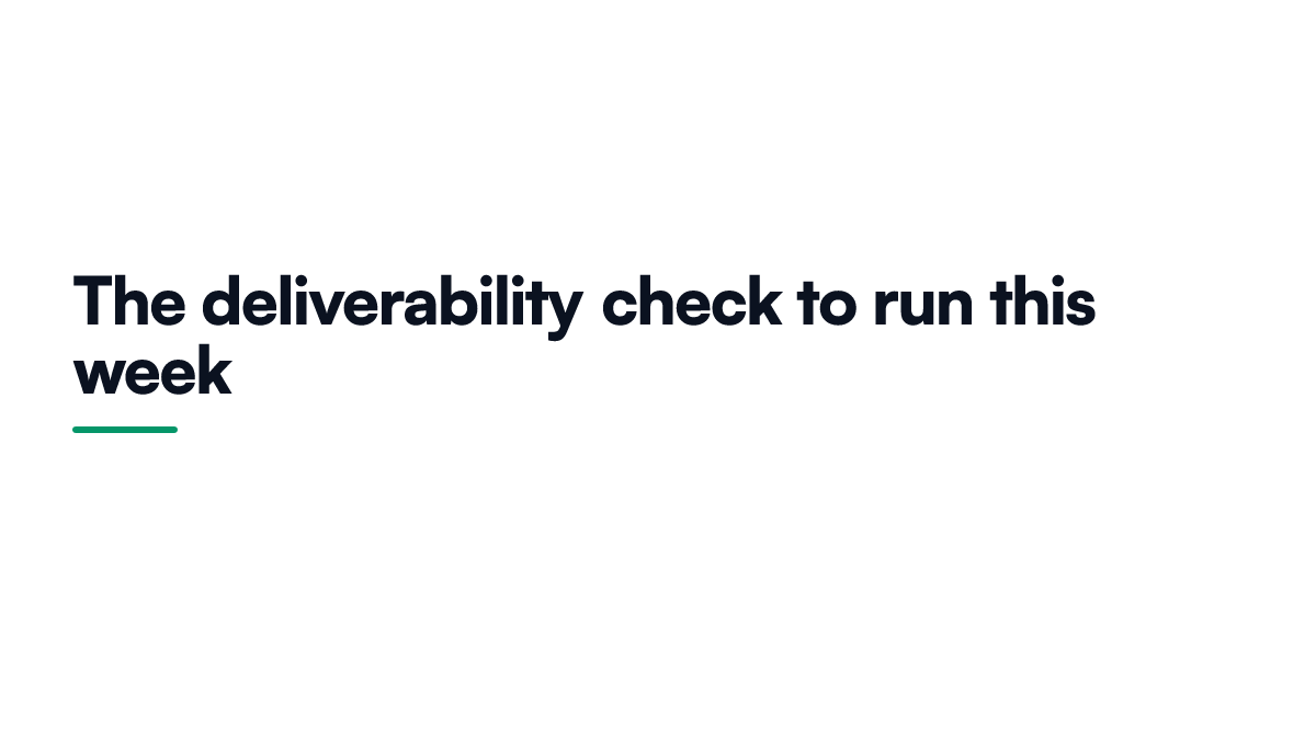 Card listing five deliverability checks to run this week, covering SPF and DKIM, DMARC, From domain alignment, one click unsubscribe and complaint rate