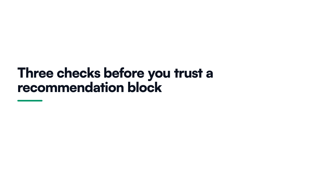 Card listing three checks a shop owner should run before trusting an automated product recommendation block