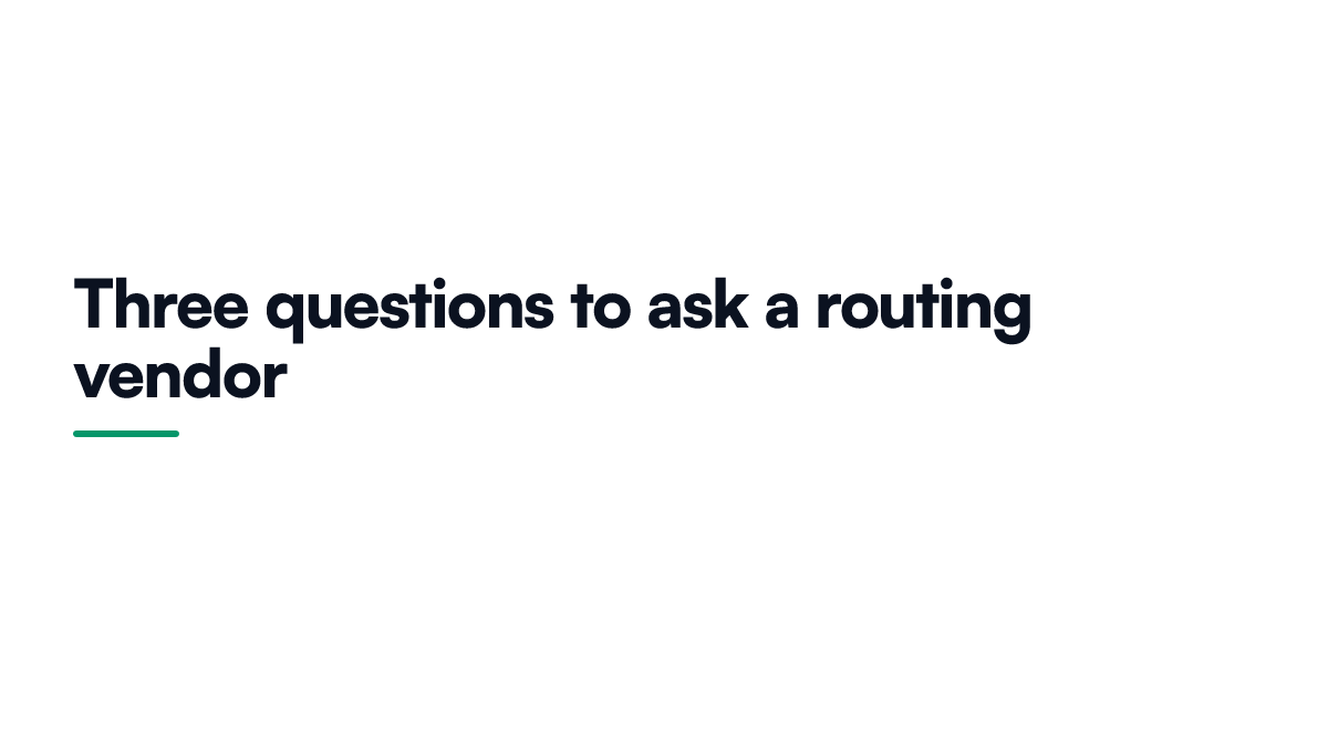 Card listing three questions to ask a route optimisation vendor, covering natively modelled constraints, mid day disruption handling, and which objective the software actually minimises