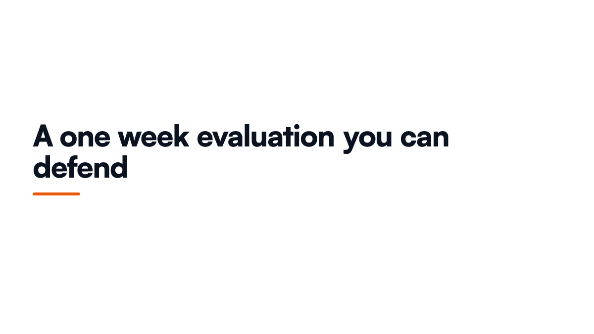 Steps card showing a one week evaluation plan for AI coding assistants using a real task, a false task and a cost measurement