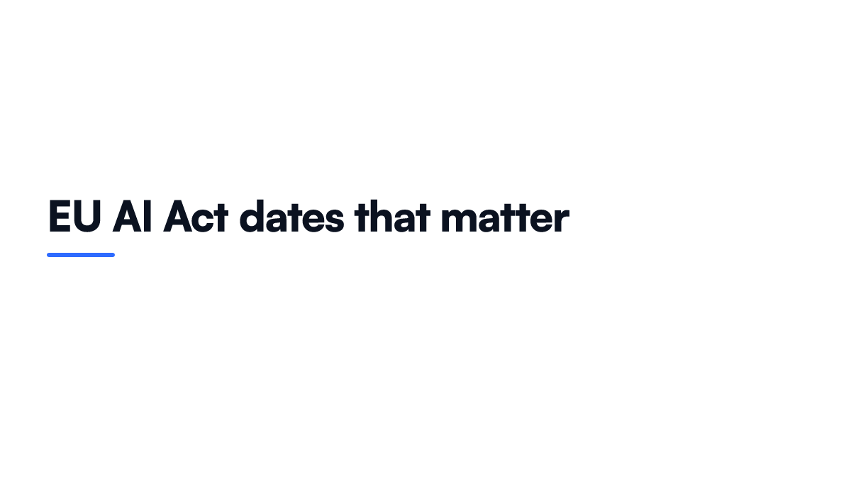 Card listing the four EU AI Act dates that matter, covering AI literacy, transparency, high risk systems and embedded products