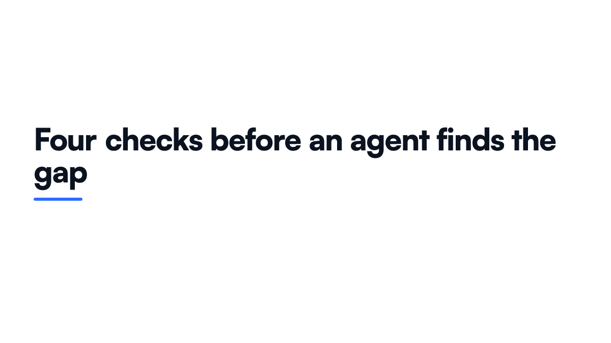 Card listing four checks a small site owner should run before an AI agent finds the gap, covering server side permission, every write call, destructive calls and browser enforced rules