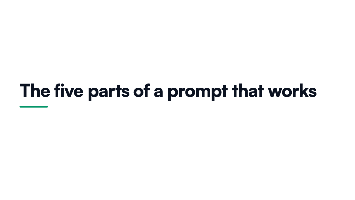 Card listing the five parts of a working prompt, speaker, task, constraints, examples and output shape