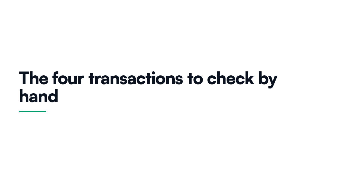 Card listing the four transaction types a small business owner should review by hand rather than trusting to automatic categorisation