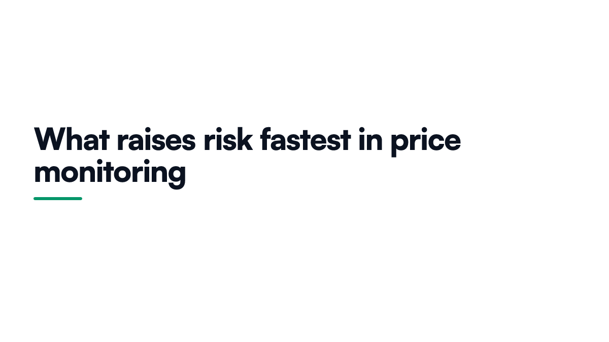 Card naming the three behaviours that raise legal risk fastest in competitor price monitoring, registering an account, hourly collection, and rotating addresses to evade blocks